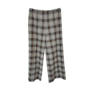 Vintage 70s Plaid Wide Leg Pants Flat Front High Waisted Casual Preppy Hippie